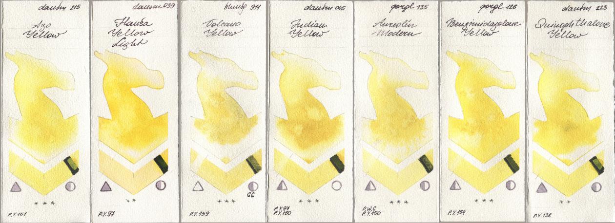 Daniel Smith 215 Azo Yellow, 039 Hansa Yellow Light, Shminke Horadam Aquarell 911 Volcano Yellow, 045 Indian Yellow, Golden QOR 135 Aureolin Modern, 126 Benzimidazolone Yellow, 223 Quinophthalone Yell watercolor swatch