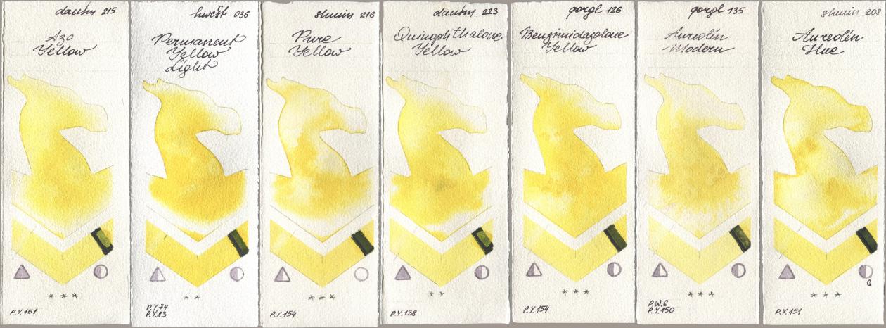 Daniel Smith 215 Azo Yellow, Holbein Artists Watercolor 036 Permanent Yellow Light, Shminke Horadam Aquarell 216 Pure Yellow, 223 Quinophthalone Yellow, Golden QOR 126 Benzimidazolone Yellow, 135 Aureolin Modern, 208 Aureolin H watercolor swatch