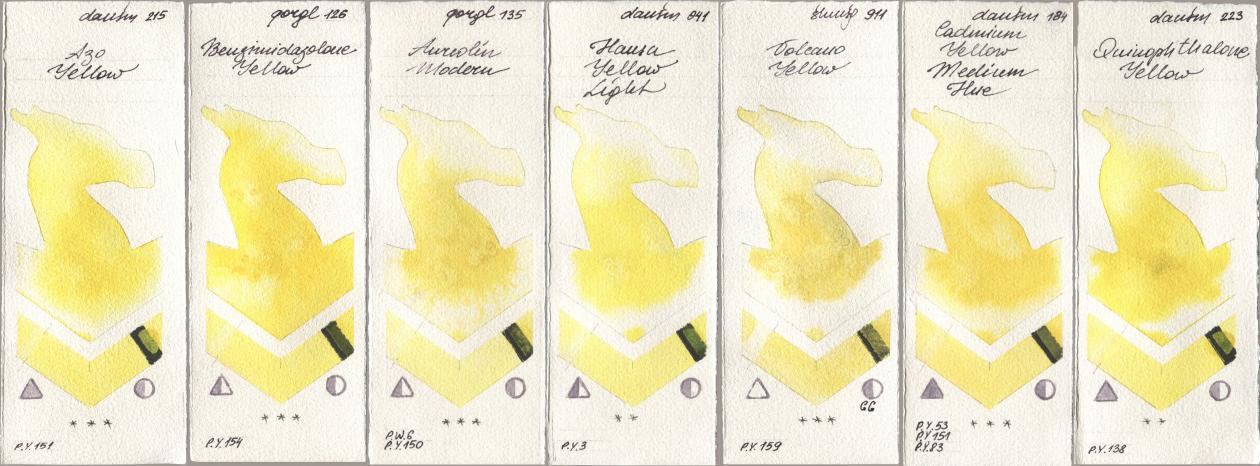 Daniel Smith 215 Azo Yellow, Golden QOR 126 Benzimidazolone Yellow, 135 Aureolin Modern, 041 Hansa Yellow Light, Shminke Horadam Aquarell 911 Volcano Yellow, 184 Cadmium Yellow Medium Hue, 223 Quinophthalone Yell watercolor swatch