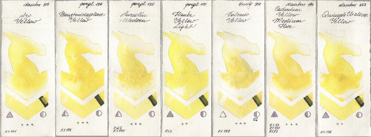 Daniel Smith 215 Azo Yellow, Golden QOR 126 Benzimidazolone Yellow, 135 Aureolin Modern, 110 Hansa Yellow Light, Shminke Horadam Aquarell 911 Volcano Yellow, 184 Cadmium Yellow Medium Hue, 223 Quinophthalone Yell watercolor swatch