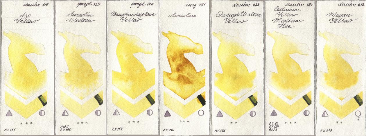 Daniel Smith 215 Azo Yellow, Golden QOR 135 Aureolin Modern, 126 Benzimidazolone Yellow, Rosa Gallery 751 Aureoline, 223 Quinophthalone Yellow, 184 Cadmium Yellow Medium Hue, 212 Mayan Yell watercolor swatch