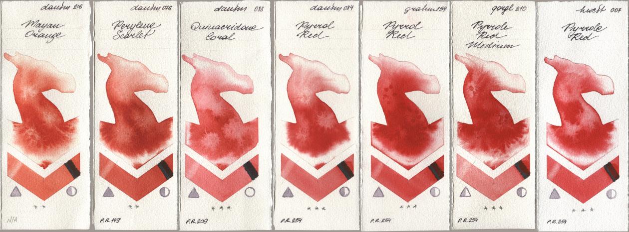 Daniel Smith 216 Mayan Orange, 076 Perylene Scarlet, 088 Quinacridone Coral, 084 Pyrrol Red, M. Graham & Co. Artists 154 Pyrrol Red, Golden QOR 210 Pyrrole Red Medium, Holbein Artists Watercolor 007 Pyrrole R watercolor swatch