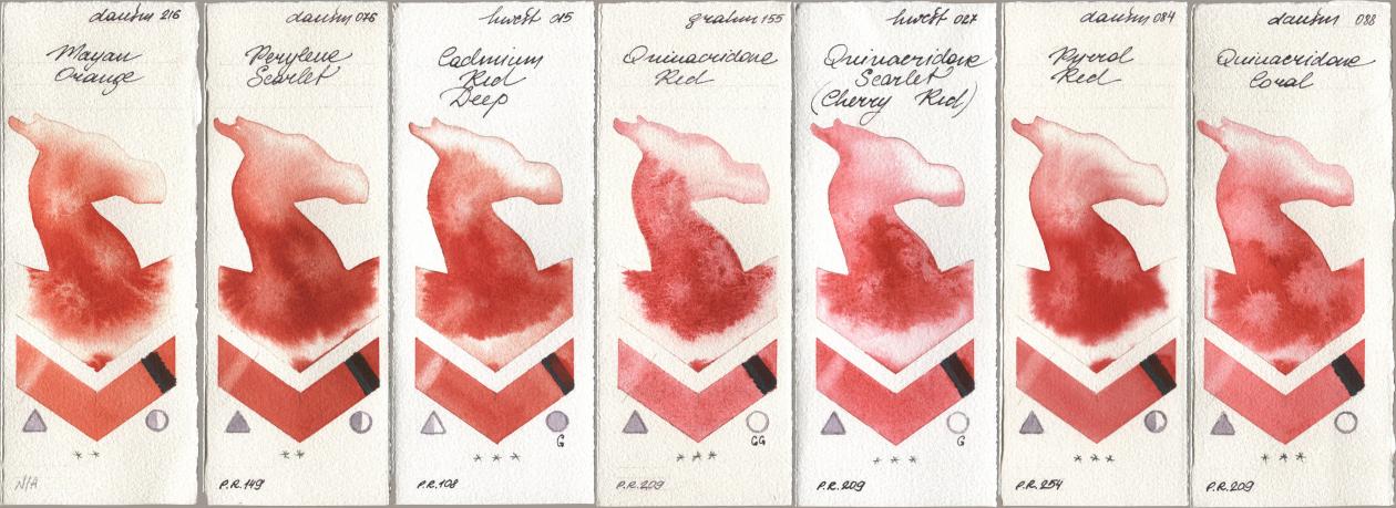 Daniel Smith 216 Mayan Orange, 076 Perylene Scarlet, Holbein Artists Watercolor 015 Cadmium Red Deep, M. Graham & Co. Artists 155 Quinacridone Red, 027 Quinacridone Scarlet (Cherry Red), 084 Pyrrol Red, 088 Quinacridone Cor watercolor swatch