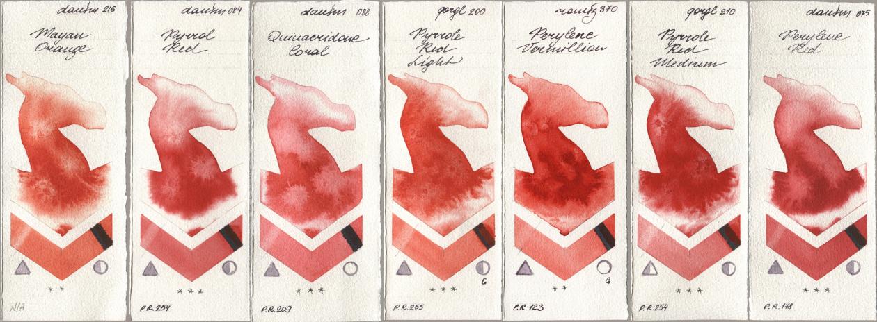 Daniel Smith 216 Mayan Orange, 084 Pyrrol Red, 088 Quinacridone Coral, Golden QOR 200 Pyrrole Red Light, Roman Szmal Aquarius 370 Perylene Vermillion, 210 Pyrrole Red Medium, 075 Perylene R watercolor swatch
