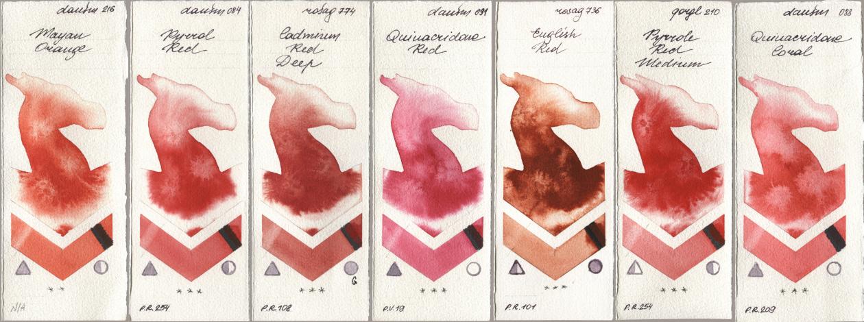 Daniel Smith 216 Mayan Orange, 084 Pyrrol Red, Rosa Gallery 774 Cadmium Red Deep, 091 Quinacridone Red, 736 English Red, Golden QOR 210 Pyrrole Red Medium, 088 Quinacridone Cor watercolor swatch
