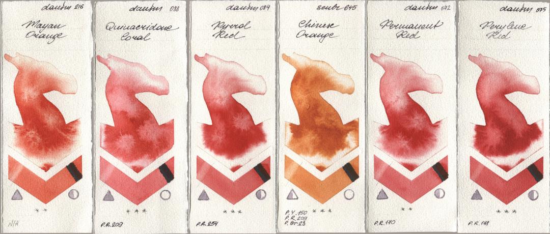 Daniel Smith 216 Mayan Orange, 088 Quinacridone Coral, 084 Pyrrol Red, Sennelier l Aquarelle 645 Chinese Orange, 072 Permanent Red, 075 Perylene R watercolor swatch