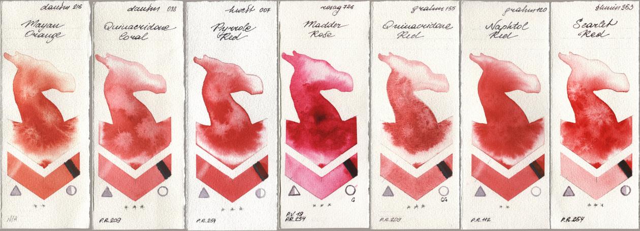 Daniel Smith 216 Mayan Orange, 088 Quinacridone Coral, Holbein Artists Watercolor 007 Pyrrole Red, Rosa Gallery 726 Madder Rose, M. Graham & Co. Artists 155 Quinacridone Red, 120 Naphthol Red, Shminke Horadam Aquarell 363 Scarlet R watercolor swatch