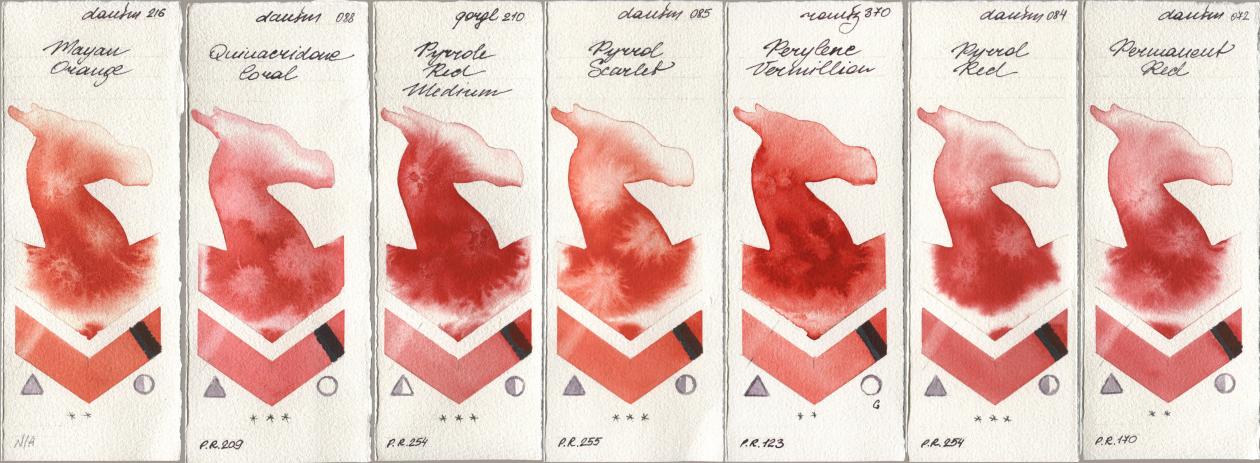 Daniel Smith 216 Mayan Orange, 088 Quinacridone Coral, Golden QOR 210 Pyrrole Red Medium, 085 Pyrrol Scarlet, Roman Szmal Aquarius 370 Perylene Vermillion, 084 Pyrrol Red, 072 Permanent R watercolor swatch