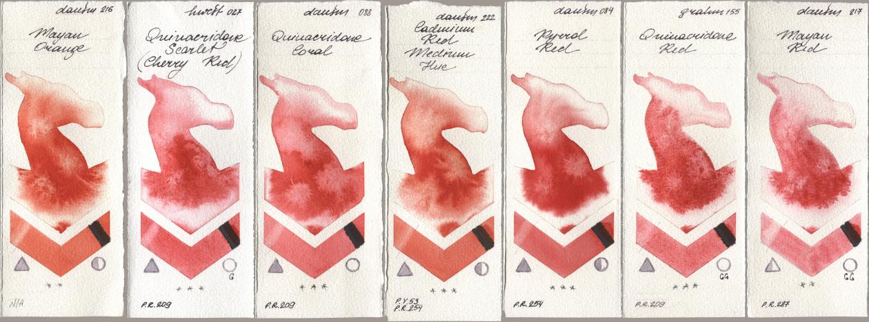 Daniel Smith 216 Mayan Orange, Holbein Artists Watercolor 027 Quinacridone Scarlet (Cherry Red), 088 Quinacridone Coral, 222 Cadmium Red Medium Hue, 084 Pyrrol Red, M. Graham & Co. Artists 155 Quinacridone Red, 217 Mayan R watercolor swatch