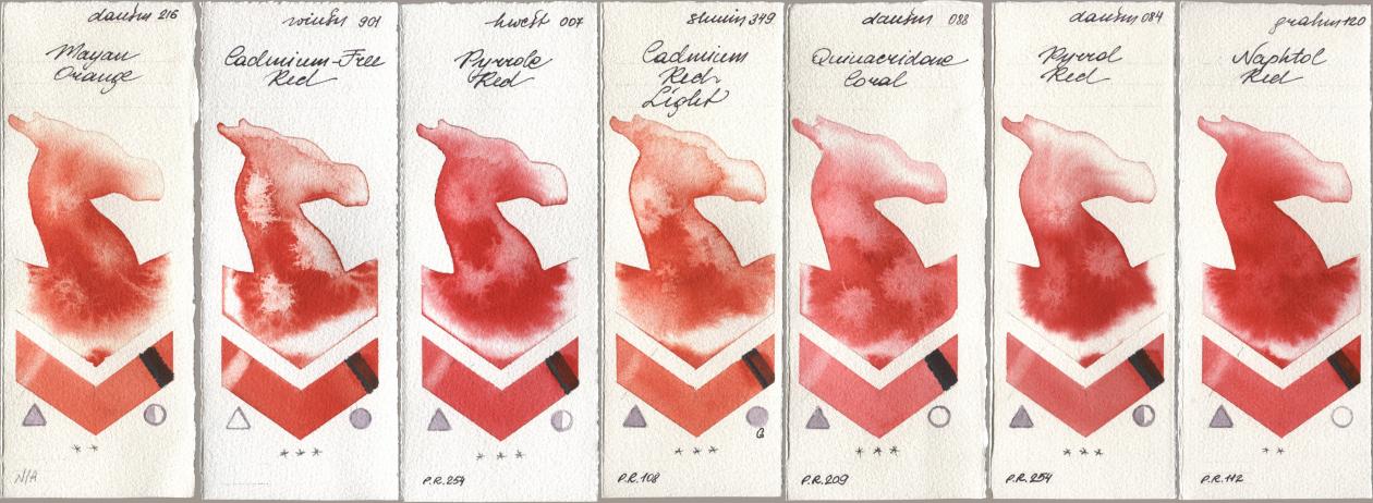 Daniel Smith 216 Mayan Orange, Winsor & Newton Professional 901 Cadmium-Free Red, Holbein Artists Watercolor 007 Pyrrole Red, Shminke Horadam Aquarell 349 Cadmium Red Light, 088 Quinacridone Coral, 084 Pyrrol Red, M. Graham & Co. Artists 120 Naphthol R watercolor swatch