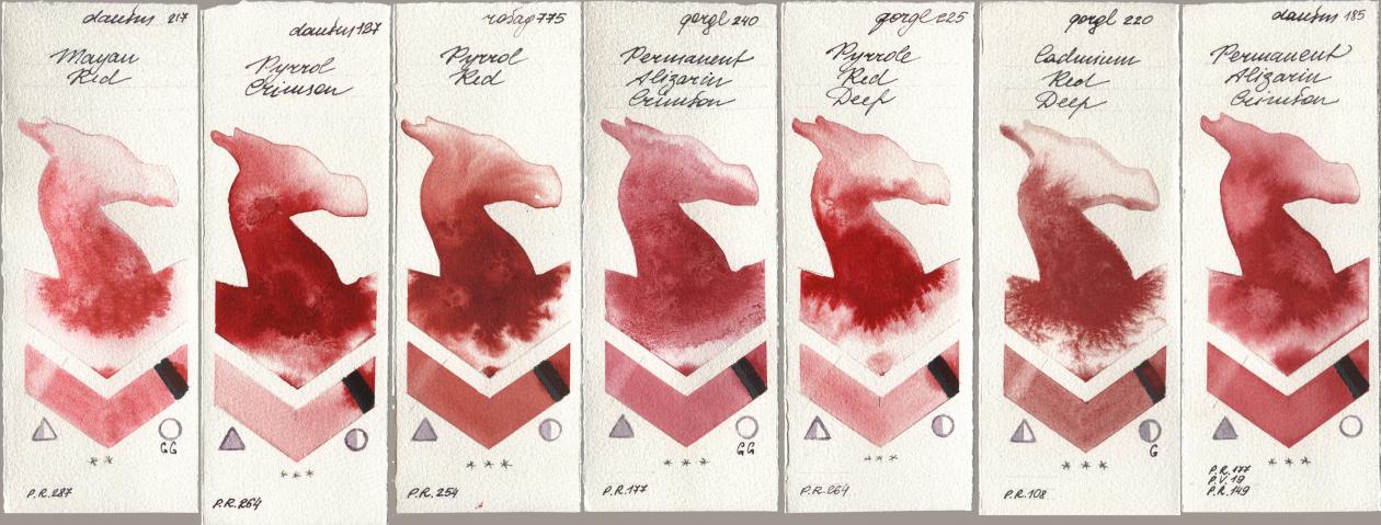 Daniel Smith 217 Mayan Red, 127 Pyrrol Crimson, Rosa Gallery 775 Pyrrole Red, Golden QOR 240 Permanent Alizarin Crimson, 225 Pyrrole Red Deep, 220 Cadmium Red Deep, 185 Permanent Alizarin Crims watercolor swatch