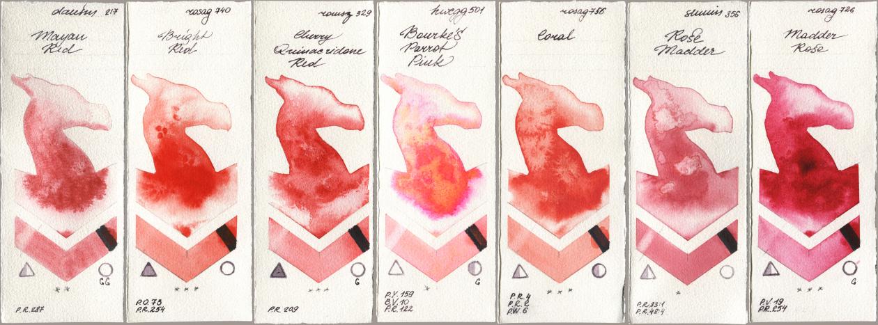Daniel Smith 217 Mayan Red, Rosa Gallery 740 Bright Red, Roman Szmal Aquarius 329 Cherry Quinacridone Red, Holbein Artists Watercolor 501 Bourkes Parrot Pink, 756 Coral, Shminke Horadam Aquarell 356 Rose Madder, 726 Madder Ro watercolor swatch