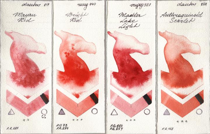 Daniel Smith 217 Mayan Red, Rosa Gallery 740 Bright Red, Royal Talens Van Gogh Watercolour 327 Madder Lake Light, 224 Anthraquinoid Scarl watercolor swatch