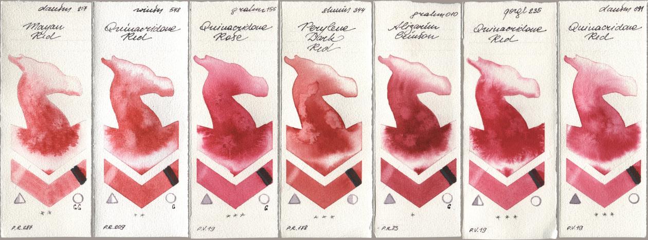 Daniel Smith 217 Mayan Red, Winsor & Newton Professional 548 Quinacridone Red, M. Graham & Co. Artists 156 Quinacridone Rose, Shminke Horadam Aquarell 344 Perylene Dark Red, 010 Alizarin Crimson, Golden QOR 235 Quinacridone Red, 091 Quinacridone R watercolor swatch