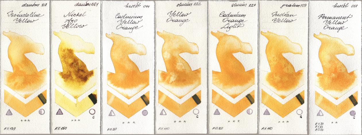 Daniel Smith 218 Isoindoline Yellow, 061 Nickel Azo Yellow, Holbein Artists Watercolor 044 Cadmium Yellow Orange, Shminke Horadam Aquarell 222 Yellow Orange, 227 Cadmium Orange Light, M. Graham & Co. Artists 109 Indian Yellow, 038 Permanent Yellow Oran watercolor swatch