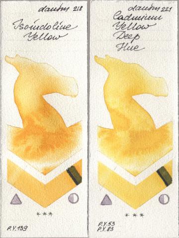 Daniel Smith 218 Isoindoline Yellow, 221 Cadmium Yellow Deep H watercolor swatch