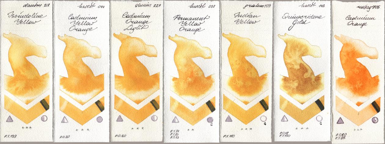 Daniel Smith 218 Isoindoline Yellow, Holbein Artists Watercolor 044 Cadmium Yellow Orange, Shminke Horadam Aquarell 227 Cadmium Orange Light, 038 Permanent Yellow Orange, M. Graham & Co. Artists 109 Indian Yellow, 142 Quinacridone Gold, Rosa Gallery 705 Cadmium Oran watercolor swatch