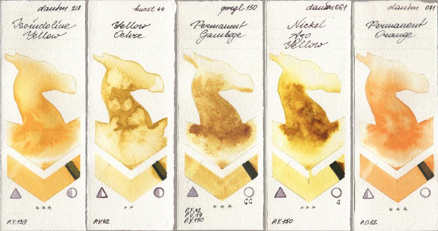 Daniel Smith 218 Isoindoline Yellow, Kuretake Gansai Tambi 044 Yellow Ochre, Golden QOR 150 Permanent Gamboge, 061 Nickel Azo Yellow, 071 Permanent Oran watercolor swatch