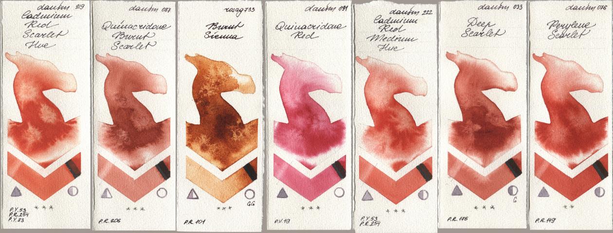 Daniel Smith 219 Cadmium Red Scarlet Hue, 087 Quinacridone Burnt Scarlet, Rosa Gallery 733 Burnt Sienna, 091 Quinacridone Red, 222 Cadmium Red Medium Hue, 033 Deep Scarlet, 076 Perylene Scarl watercolor swatch