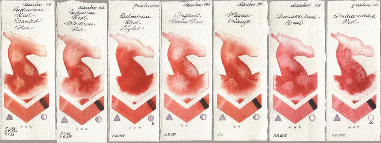 Daniel Smith 219 Cadmium Red Scarlet Hue, 222 Cadmium Red Medium Hue, M. Graham & Co. Artists 050 Cadmium Red Light, 064 Organic Vermilion, 216 Mayan Orange, 088 Quinacridone Coral, 155 Quinacridone R watercolor swatch