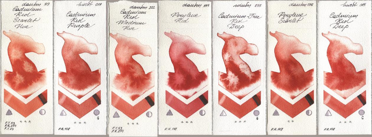 Daniel Smith 219 Cadmium Red Scarlet Hue, Holbein Artists Watercolor 017 Cadmium Red Purple, 222 Cadmium Red Medium Hue, 075 Perylene Red, Winsor & Newton Professional 895 Cadmium-Free Red Deep, 076 Perylene Scarlet, 015 Cadmium Red De watercolor swatch