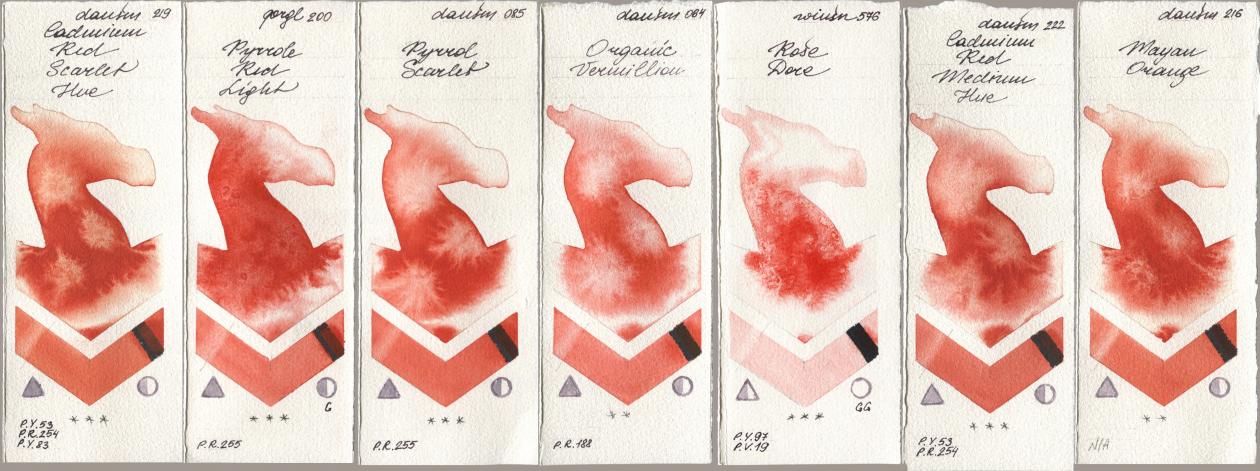 Daniel Smith 219 Cadmium Red Scarlet Hue, Golden QOR 200 Pyrrole Red Light, 085 Pyrrol Scarlet, 064 Organic Vermilion, Winsor & Newton Professional 576 Rose Dore, 222 Cadmium Red Medium Hue, 216 Mayan Oran watercolor swatch