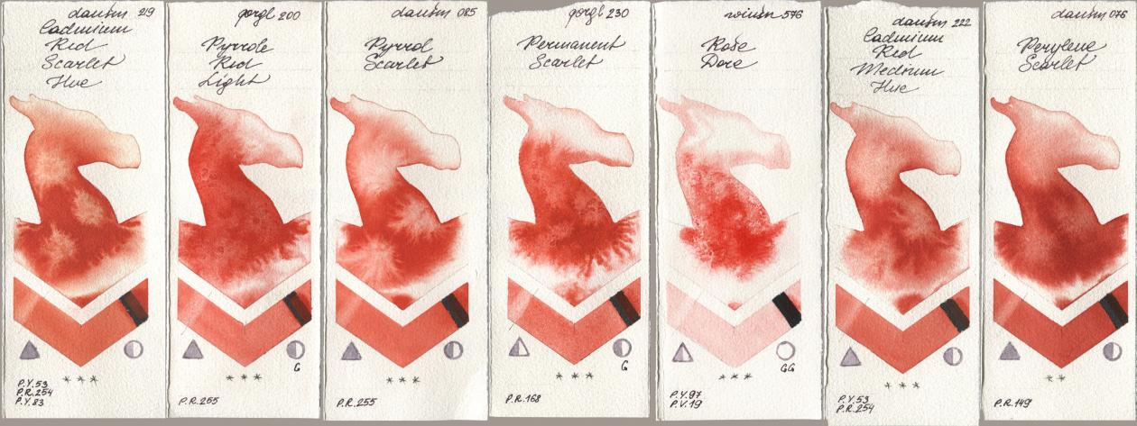 Daniel Smith 219 Cadmium Red Scarlet Hue, Golden QOR 200 Pyrrole Red Light, 085 Pyrrol Scarlet, 230 Permanent Scarlet, Winsor & Newton Professional 576 Rose Dore, 222 Cadmium Red Medium Hue, 076 Perylene Scarl watercolor swatch