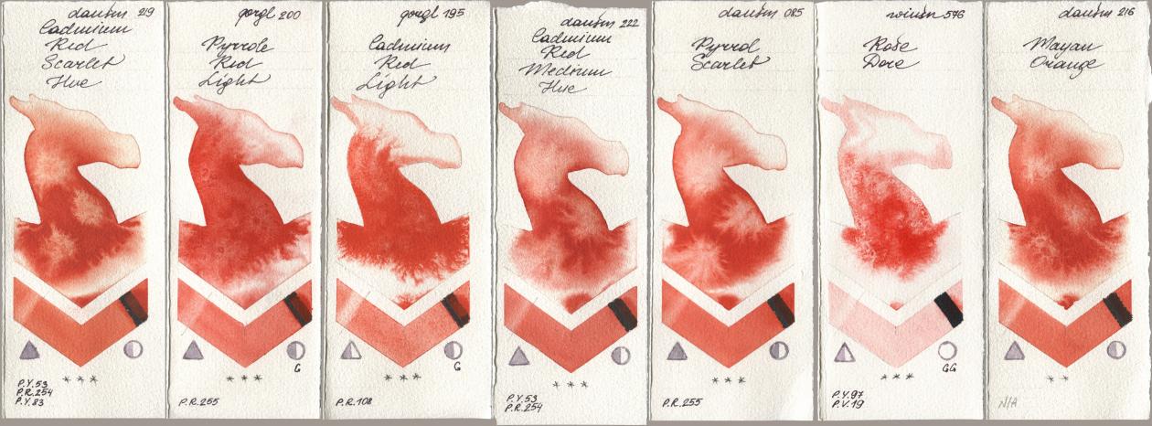 Daniel Smith 219 Cadmium Red Scarlet Hue, Golden QOR 200 Pyrrole Red Light, 195 Cadmium Red Light, 222 Cadmium Red Medium Hue, 085 Pyrrol Scarlet, Winsor & Newton Professional 576 Rose Dore, 216 Mayan Oran watercolor swatch