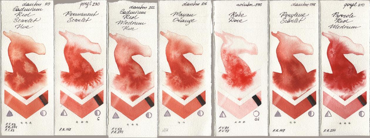 Daniel Smith 219 Cadmium Red Scarlet Hue, Golden QOR 230 Permanent Scarlet, 222 Cadmium Red Medium Hue, 216 Mayan Orange, Winsor & Newton Professional 576 Rose Dore, 076 Perylene Scarlet, 210 Pyrrole Red Medi watercolor swatch