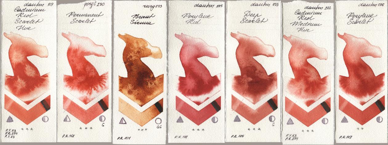 Daniel Smith 219 Cadmium Red Scarlet Hue, Golden QOR 230 Permanent Scarlet, Rosa Gallery 733 Burnt Sienna, 075 Perylene Red, 033 Deep Scarlet, 222 Cadmium Red Medium Hue, 076 Perylene Scarl watercolor swatch