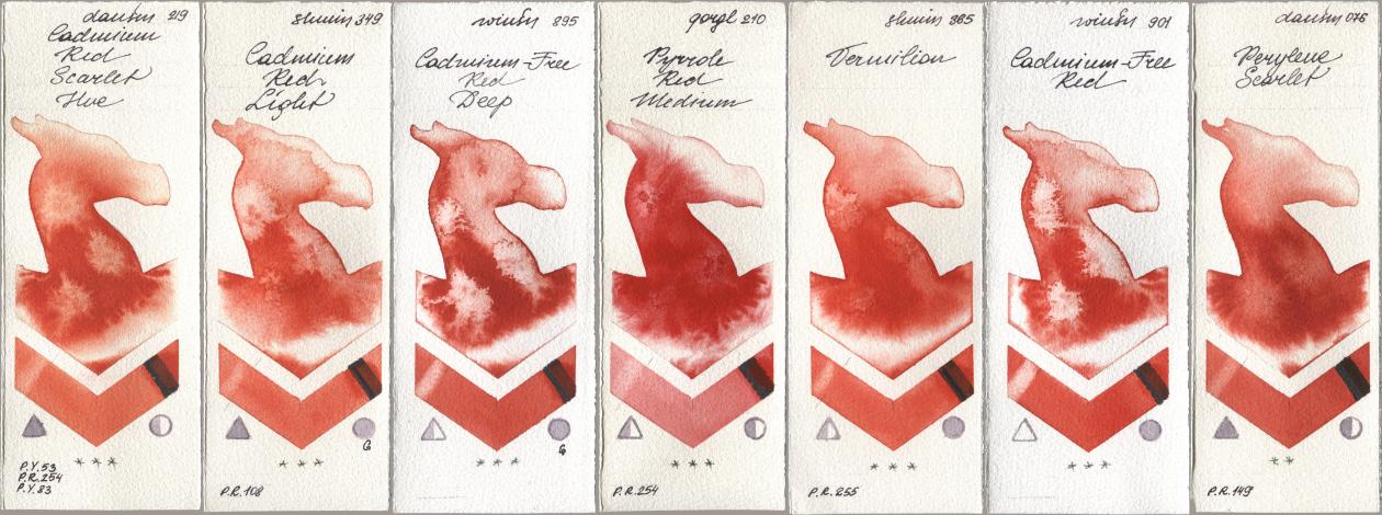 Daniel Smith 219 Cadmium Red Scarlet Hue, Shminke Horadam Aquarell 349 Cadmium Red Light, Winsor & Newton Professional 895 Cadmium-Free Red Deep, Golden QOR 210 Pyrrole Red Medium, 365 Vermilion, 901 Cadmium-Free Red, 076 Perylene Scarl watercolor swatch