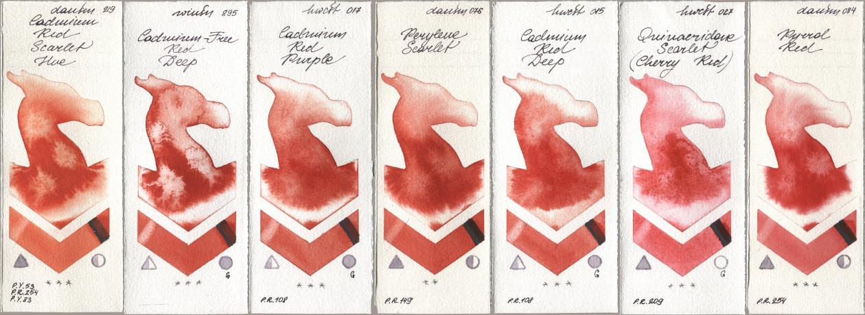 Daniel Smith 219 Cadmium Red Scarlet Hue, Winsor & Newton Professional 895 Cadmium-Free Red Deep, Holbein Artists Watercolor 017 Cadmium Red Purple, 076 Perylene Scarlet, 015 Cadmium Red Deep, 027 Quinacridone Scarlet (Cherry Red), 084 Pyrrol R watercolor swatch