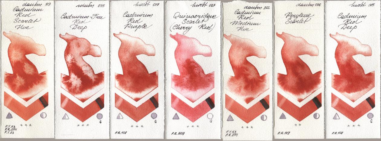 Daniel Smith 219 Cadmium Red Scarlet Hue, Winsor & Newton Professional 895 Cadmium-Free Red Deep, Holbein Artists Watercolor 017 Cadmium Red Purple, 027 Quinacridone Scarlet (Cherry Red), 222 Cadmium Red Medium Hue, 076 Perylene Scarlet, 015 Cadmium Red De watercolor swatch