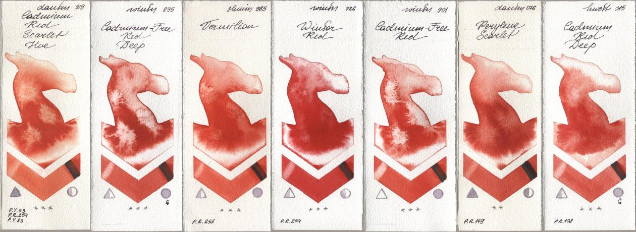Daniel Smith 219 Cadmium Red Scarlet Hue, Winsor & Newton Professional 895 Cadmium-Free Red Deep, Shminke Horadam Aquarell 365 Vermilion, 726 Winsor Red, 901 Cadmium-Free Red, 076 Perylene Scarlet, Holbein Artists Watercolor 015 Cadmium Red De watercolor swatch