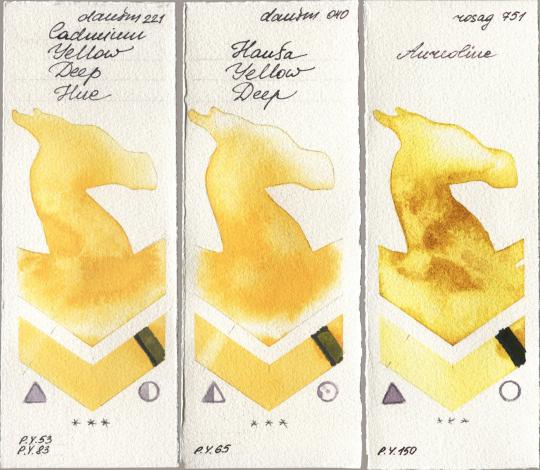 Daniel Smith 221 Cadmium Yellow Deep Hue, 040 Hansa Yellow Deep, Rosa Gallery 751 Aureoli watercolor swatch