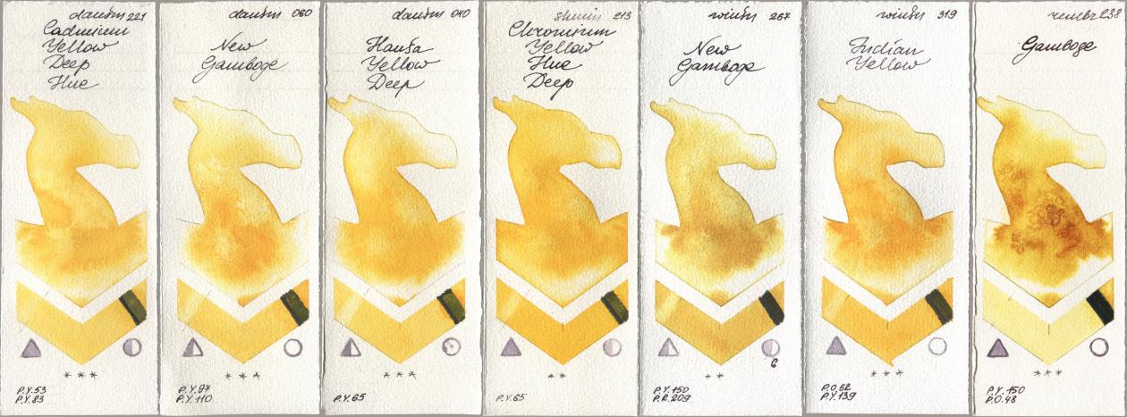 Daniel Smith 221 Cadmium Yellow Deep Hue, 060 New Gamboge, 040 Hansa Yellow Deep, Shminke Horadam Aquarell 213 Chrome Yellow Deep LF (Chromium Yellow Hue Deep), Winsor & Newton Professional 267 New Gamboge, 319 Indian Yellow, Royal Talens Rembrandt Watercolour 238 Gambo watercolor swatch