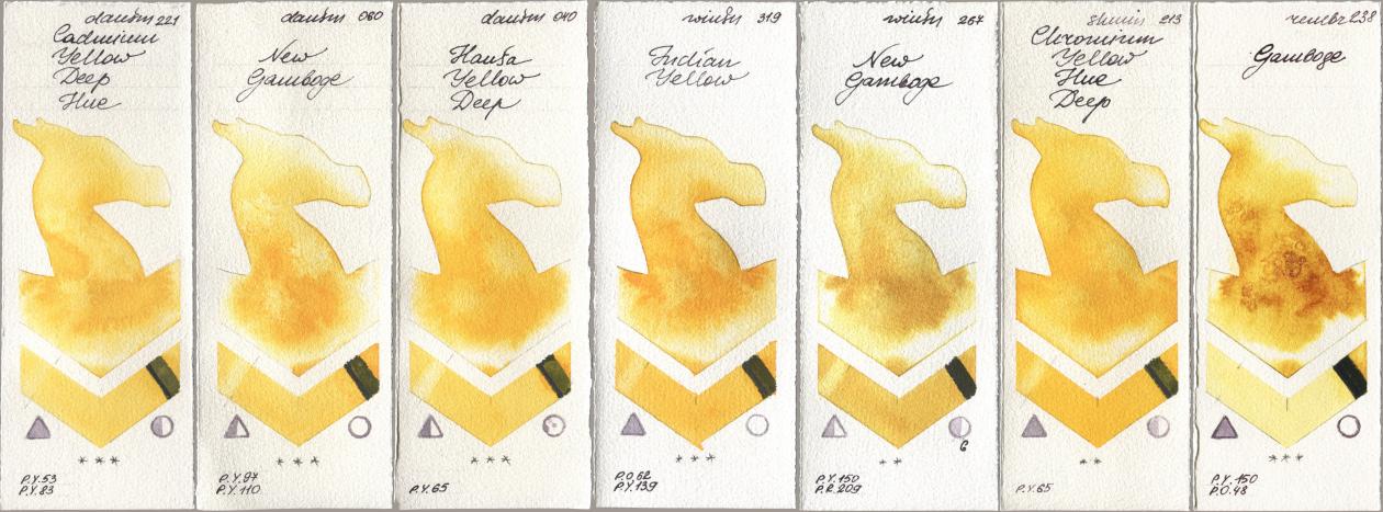 Daniel Smith 221 Cadmium Yellow Deep Hue, 060 New Gamboge, 040 Hansa Yellow Deep, Winsor & Newton Professional 319 Indian Yellow, 267 New Gamboge, Shminke Horadam Aquarell 213 Chrome Yellow Deep LF (Chromium Yellow Hue Deep), Royal Talens Rembrandt Watercolour 238 Gambo watercolor swatch