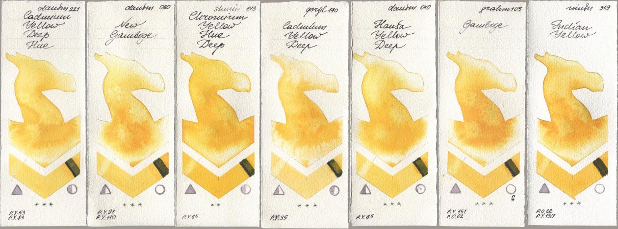 Daniel Smith 221 Cadmium Yellow Deep Hue, 060 New Gamboge, Shminke Horadam Aquarell 213 Chrome Yellow Deep LF (Chromium Yellow Hue Deep), Golden QOR 170 Cadmium Yellow Deep, 040 Hansa Yellow Deep, M. Graham & Co. Artists 105 Gamboge, Winsor & Newton Professional 319 Indian Yell watercolor swatch