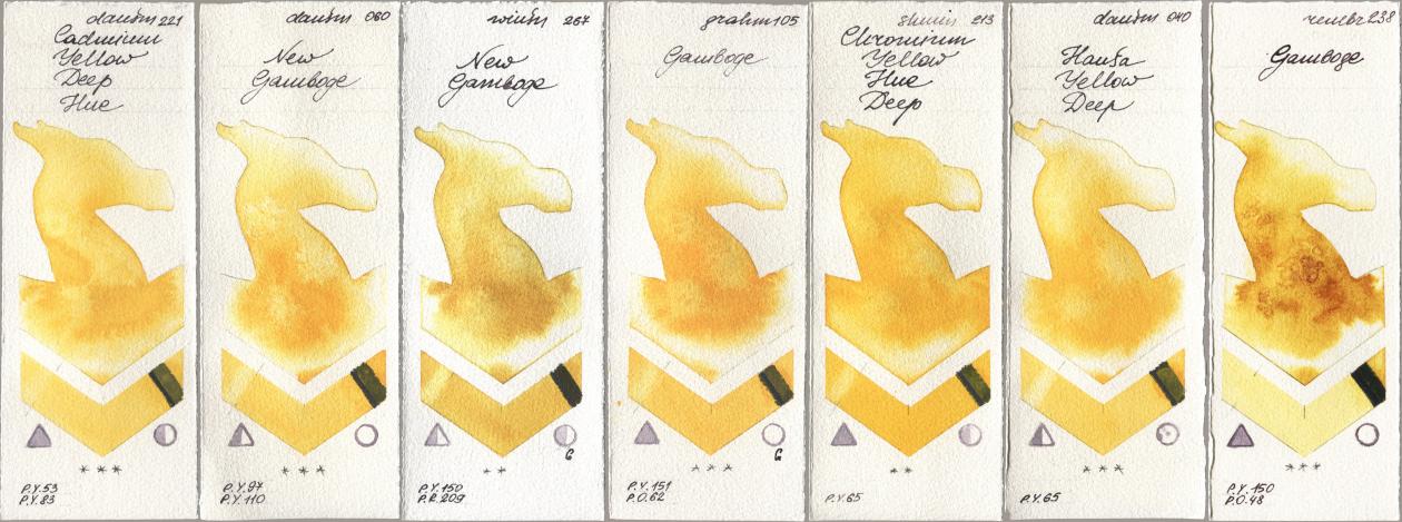 Daniel Smith 221 Cadmium Yellow Deep Hue, 060 New Gamboge, Winsor & Newton Professional 267 New Gamboge, M. Graham & Co. Artists 105 Gamboge, Shminke Horadam Aquarell 213 Chrome Yellow Deep LF (Chromium Yellow Hue Deep), 040 Hansa Yellow Deep, Royal Talens Rembrandt Watercolour 238 Gambo watercolor swatch