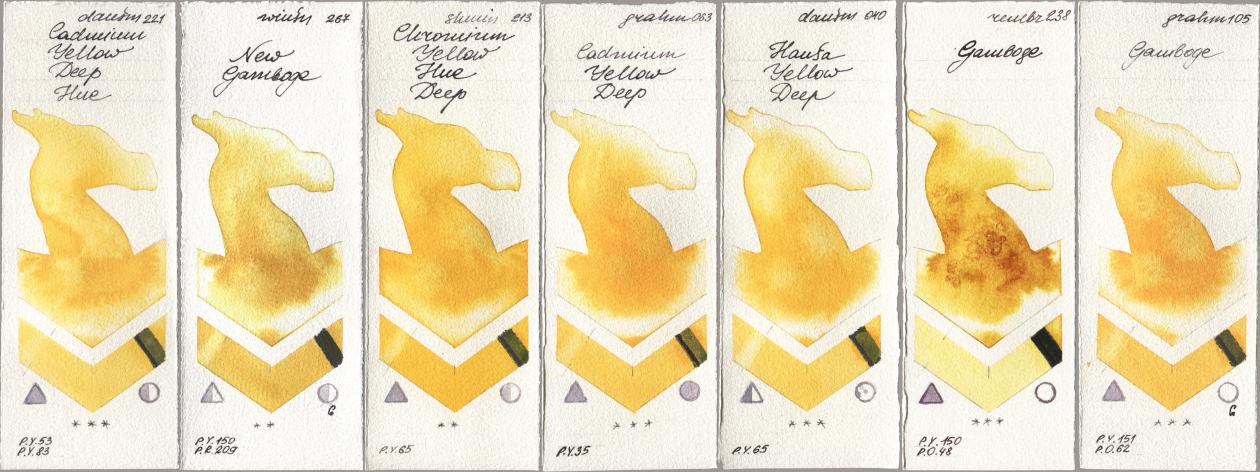 Daniel Smith 221 Cadmium Yellow Deep Hue, Winsor & Newton Professional 267 New Gamboge, Shminke Horadam Aquarell 213 Chrome Yellow Deep LF (Chromium Yellow Hue Deep), M. Graham & Co. Artists 063 Cadmium Yellow Deep, 040 Hansa Yellow Deep, Royal Talens Rembrandt Watercolour 238 Gamboge, 105 Gambo watercolor swatch