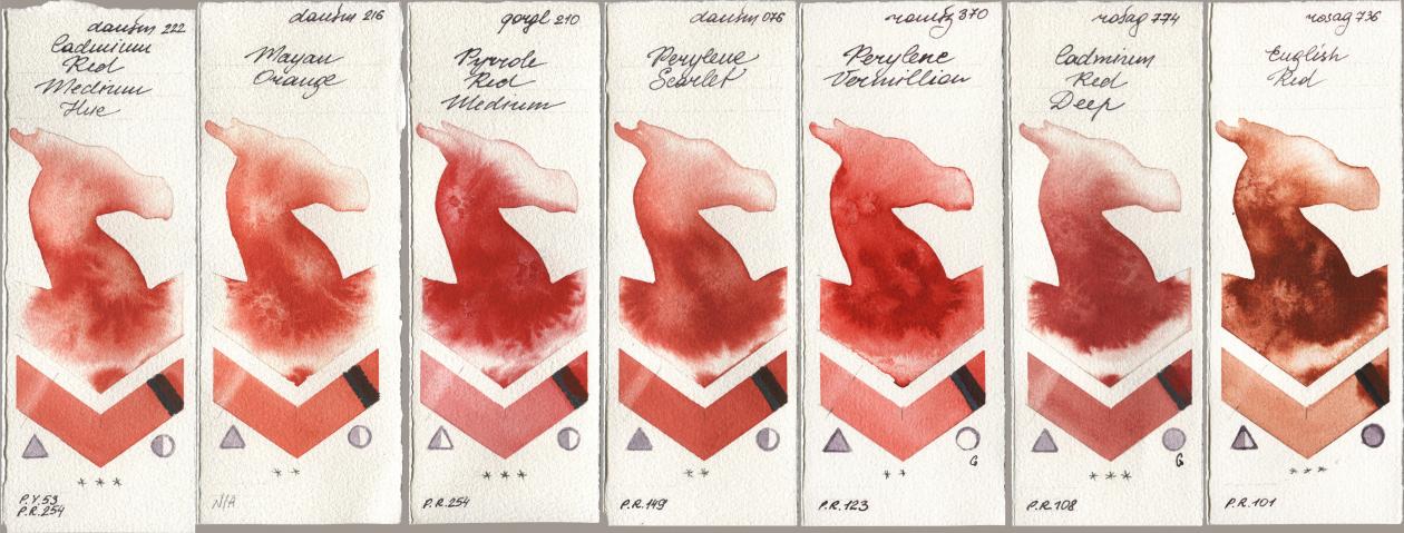 Daniel Smith 222 Cadmium Red Medium Hue, 216 Mayan Orange, Golden QOR 210 Pyrrole Red Medium, 076 Perylene Scarlet, Roman Szmal Aquarius 370 Perylene Vermillion, Rosa Gallery 774 Cadmium Red Deep, 736 English R watercolor swatch