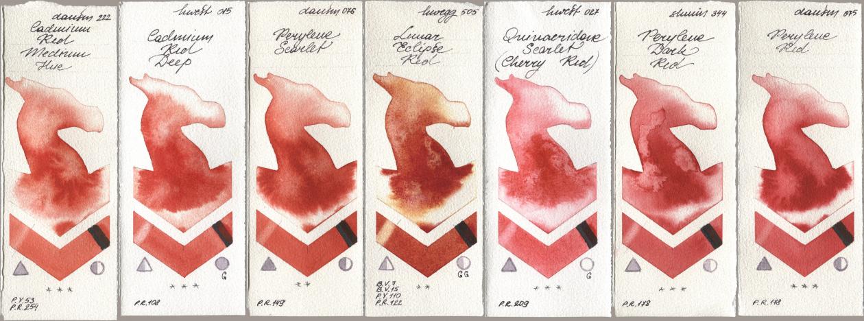 Daniel Smith 222 Cadmium Red Medium Hue, Holbein Artists Watercolor 015 Cadmium Red Deep, 076 Perylene Scarlet, 505 Lunar Eclipse Red, 027 Quinacridone Scarlet (Cherry Red), Shminke Horadam Aquarell 344 Perylene Dark Red, 075 Perylene R watercolor swatch