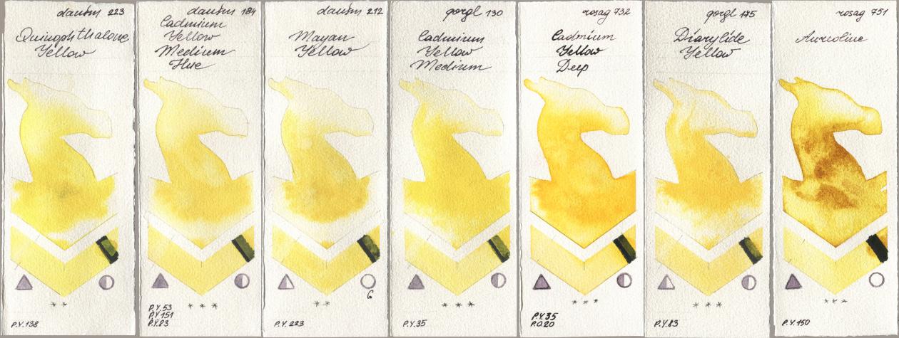 Daniel Smith 223 Quinophthalone Yellow, 184 Cadmium Yellow Medium Hue, 212 Mayan Yellow, Golden QOR 130 Cadmium Yellow Medium, Rosa Gallery 732 Cadmium Yellow Deep, 175 Diarylide Yellow, 751 Aureoli watercolor swatch