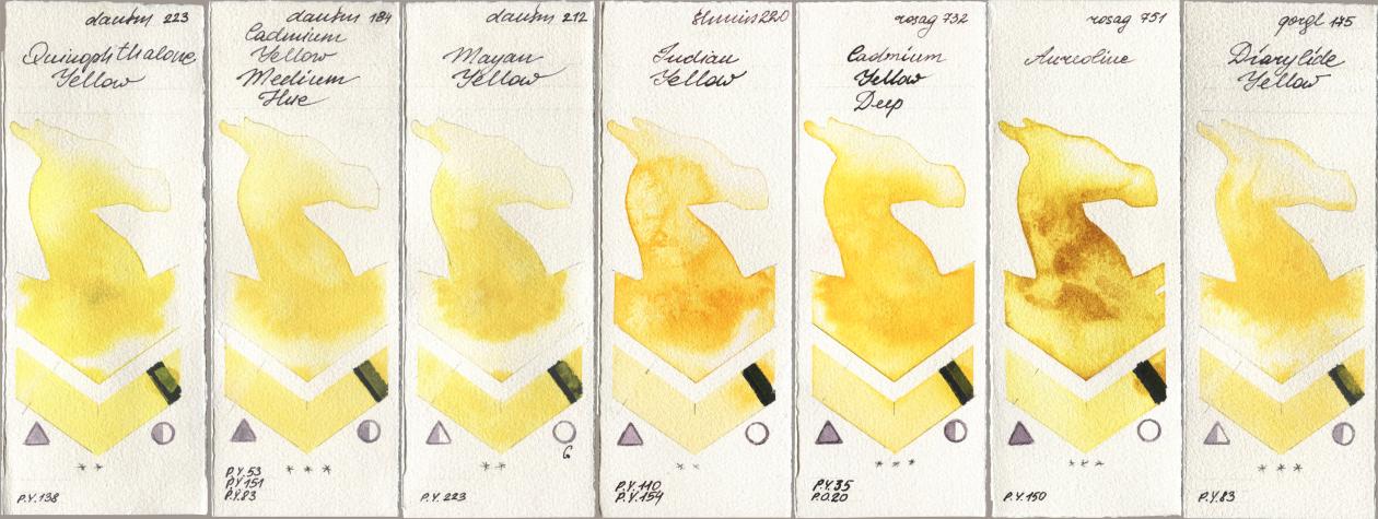Daniel Smith 223 Quinophthalone Yellow, 184 Cadmium Yellow Medium Hue, 212 Mayan Yellow, Shminke Horadam Aquarell 220 Indian Yellow, Rosa Gallery 732 Cadmium Yellow Deep, 751 Aureoline, Golden QOR 175 Diarylide Yell watercolor swatch