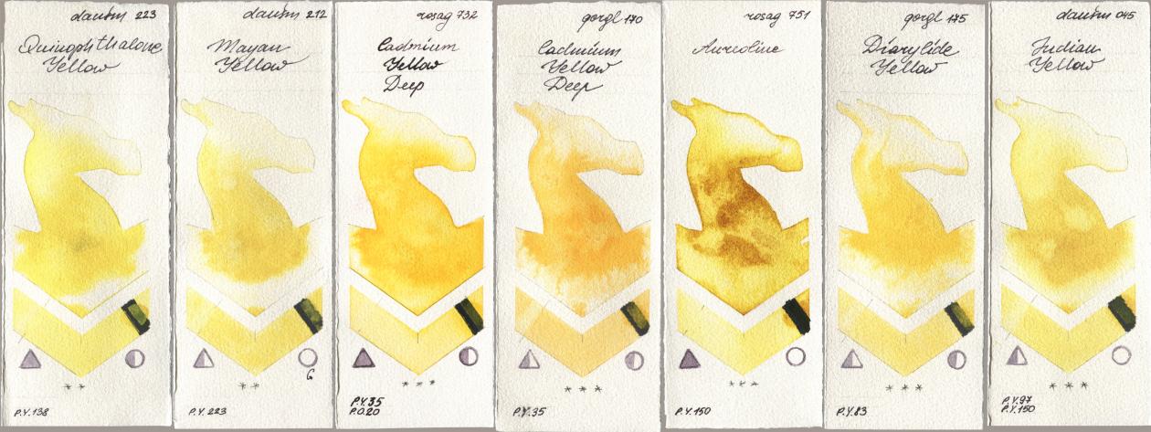 Daniel Smith 223 Quinophthalone Yellow, 212 Mayan Yellow, Rosa Gallery 732 Cadmium Yellow Deep, Golden QOR 170 Cadmium Yellow Deep, 751 Aureoline, 175 Diarylide Yellow, 045 Indian Yell watercolor swatch