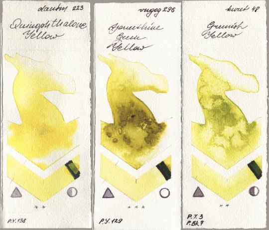 Daniel Smith 223 Quinophthalone Yellow, Royal Talens Van Gogh Watercolour 296 Azomethine Green Yellow, Kuretake Gansai Tambi 048 Greenish Yell watercolor swatch