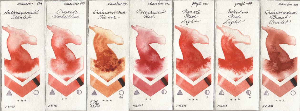 Daniel Smith 224 Anthraquinoid Scarlet, 064 Organic Vermilion, 093 Quinacridone Sienna, 072 Permanent Red, Golden QOR 200 Pyrrole Red Light, 195 Cadmium Red Light, 087 Quinacridone Burnt Scarl watercolor swatch