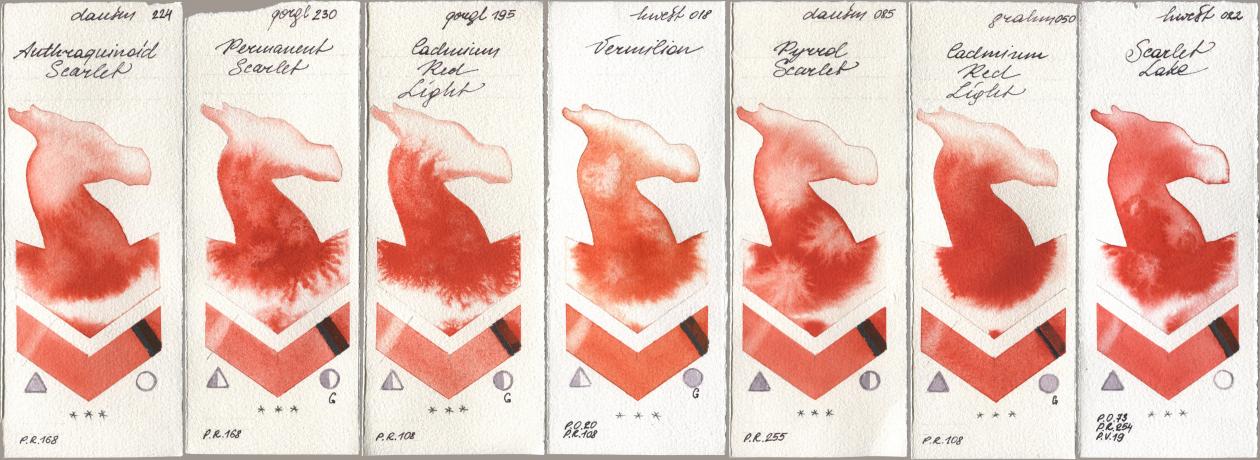 Daniel Smith 224 Anthraquinoid Scarlet, Golden QOR 230 Permanent Scarlet, 195 Cadmium Red Light, Holbein Artists Watercolor 018 Vermilion, 085 Pyrrol Scarlet, M. Graham & Co. Artists 050 Cadmium Red Light, 022 Scarlet La watercolor swatch