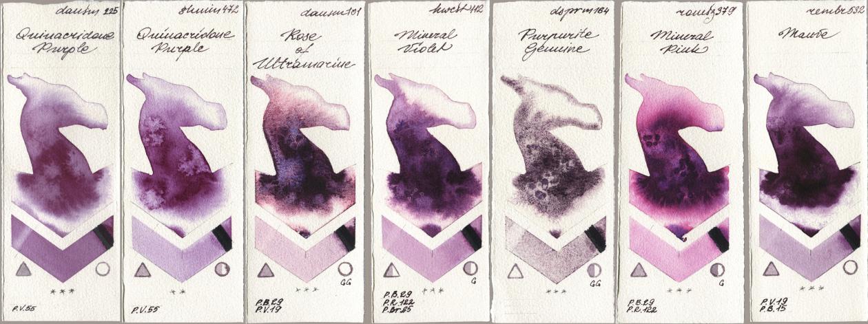 Daniel Smith 225 Quinacridone Purple, Shminke Horadam Aquarell 472 Quinacridone Purple, 101 Rose of Ultramarine, Holbein Artists Watercolor 112 Mineral Violet, 164 Purpurite Genuine, Roman Szmal Aquarius 379 Mineral Pink, Royal Talens Rembrandt Watercolour 532 Mau watercolor swatch