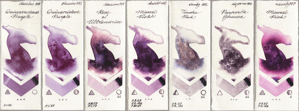 Daniel Smith 225 Quinacridone Purple, Shminke Horadam Aquarell 472 Quinacridone Purple, 101 Rose of Ultramarine, Holbein Artists Watercolor 112 Mineral Violet, 982 Tundra Pink, 164 Purpurite Genuine, Roman Szmal Aquarius 379 Mineral Pi watercolor swatch